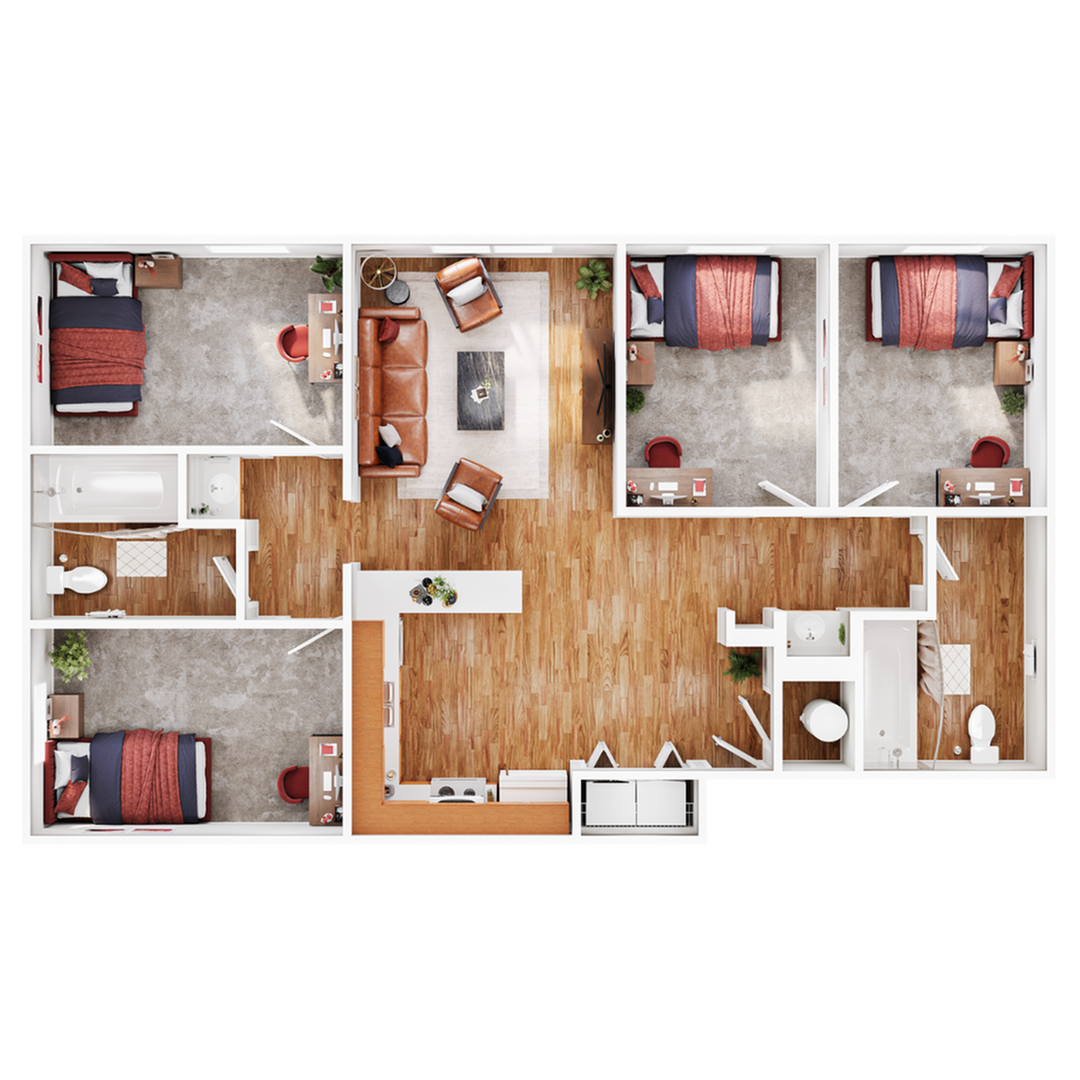 A 3D image of the 4BR/2BA – Unfurnished floorplan, a 1200 squarefoot, 4 bed / 2 bath unit